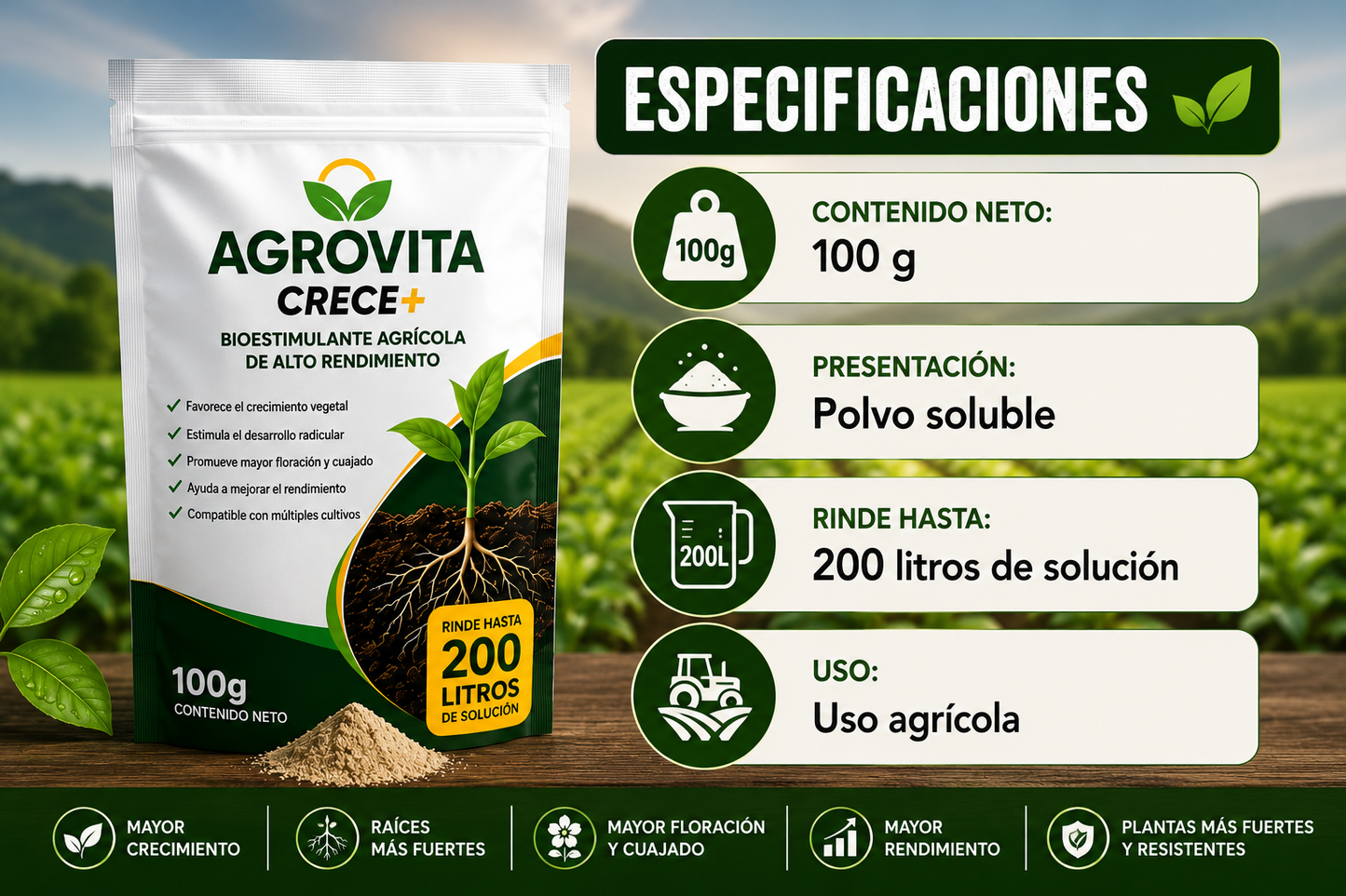 AGROVITA CRECE+ 🌱Hormona Agrícola | Más crecimiento. Más cosecha. Más rentabilidad.