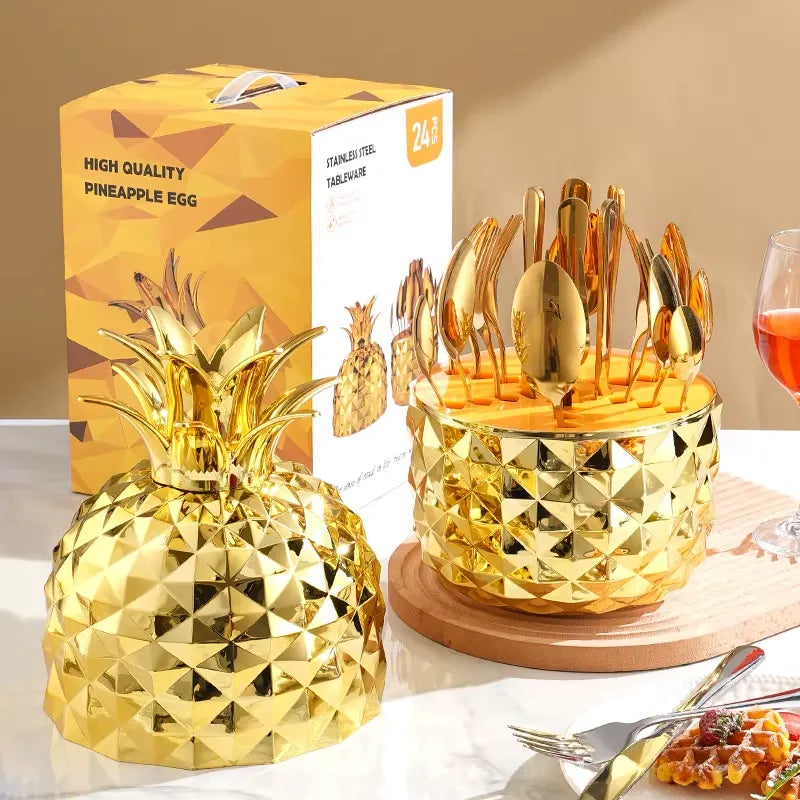 Juego de cubiertos en acero inoxidable en forma de piña de alta calidad, 24 piezas