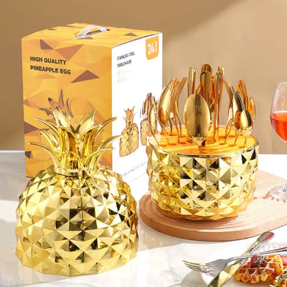 Juego de cubiertos en acero inoxidable en forma de piña de alta calidad, 24 piezas