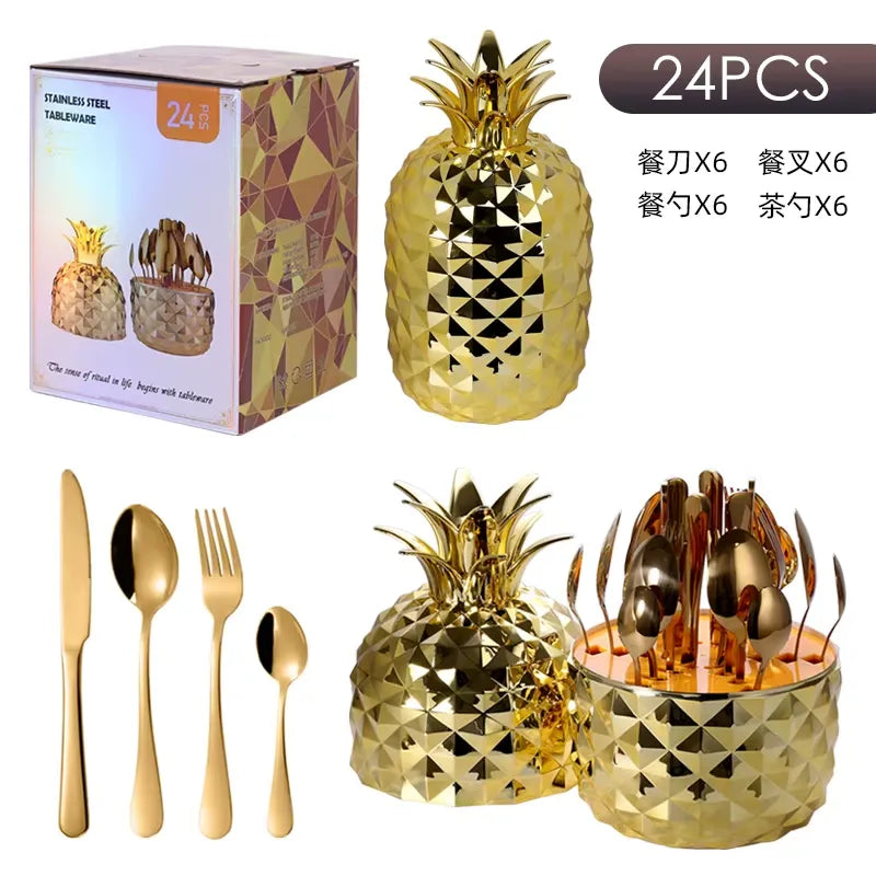 Juego de cubiertos en acero inoxidable en forma de piña de alta calidad, 24 piezas
